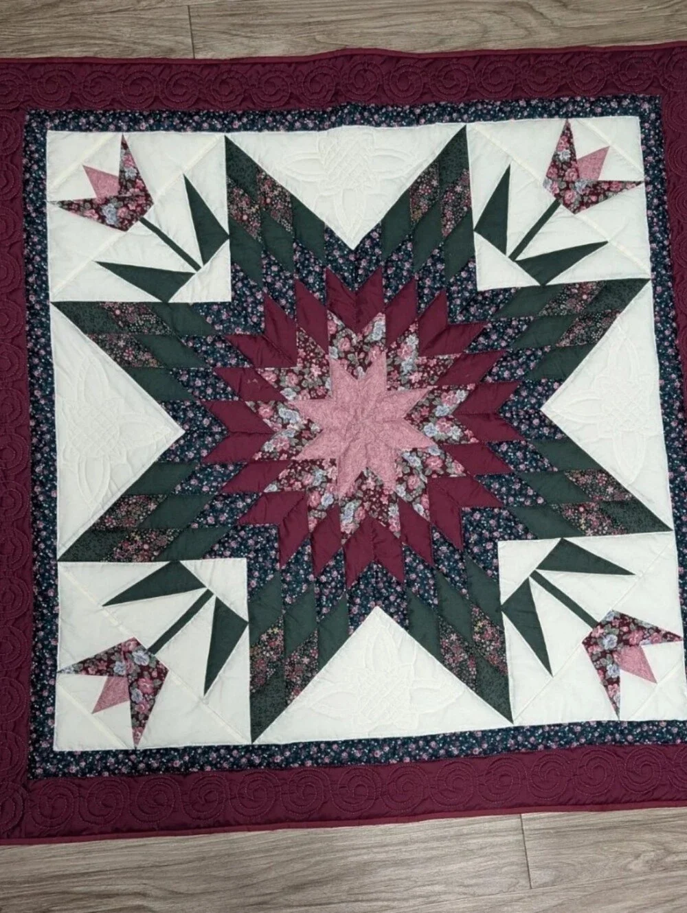 Handmade Lone Star Quilt Star of Beauty Wall Hanging Floral Tulip Quilt 45